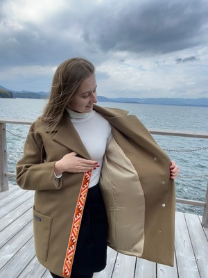 ウクライナ産カシミヤ100%ロングコート　手刺繍（モスグリーン）グラージュ・ニジンカ刺繍