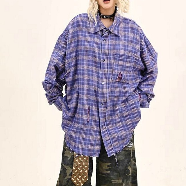 チェック柄ゆったりシャツトップス B0102