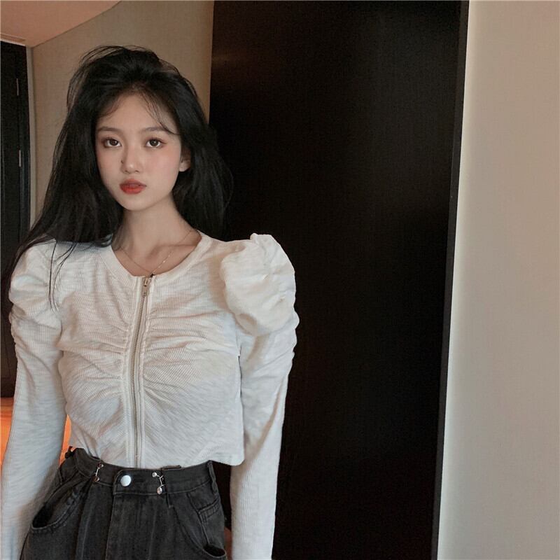 センスジッパーカーディガンショートタイトフィット長袖Tシャツレディース2020年秋新作ボトミングシャツホワイトトップ ブラックストロベリース13536307048