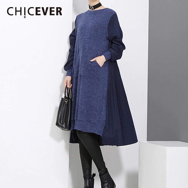 CHICEVERパッチワークヒットカラードレス女性Oネック長袖オーバーサイズルーズミディドレス春服2020 ロング スプリング 春物 6base514296144543