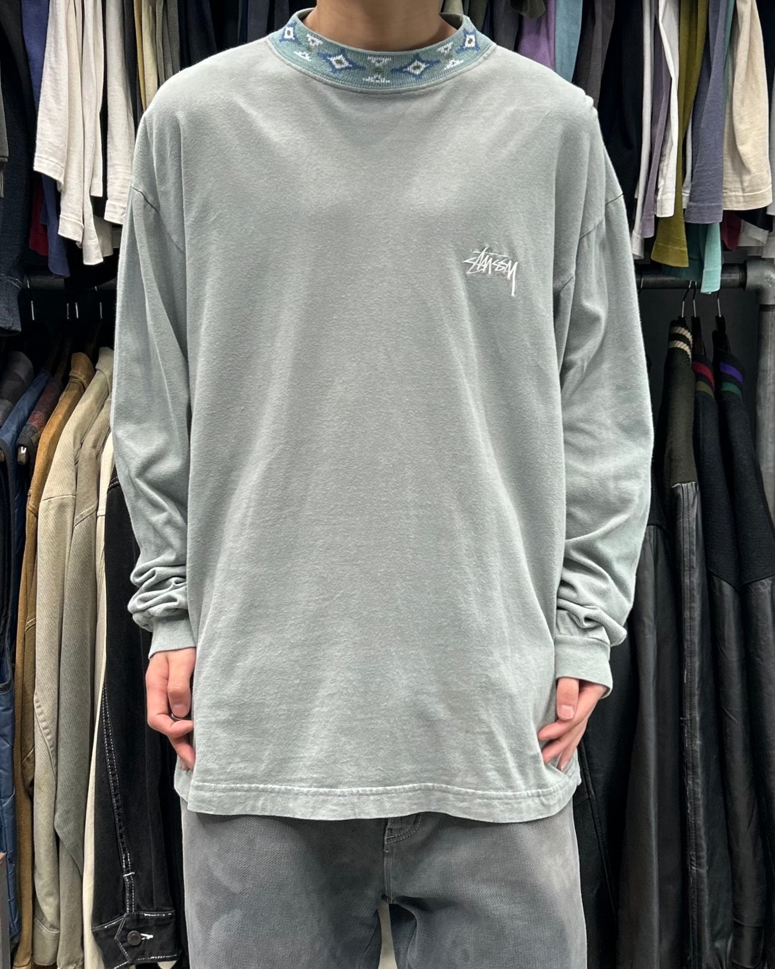 80's~90's old stussy Mock Neck Design Long Sleeve Tee “黒タグ