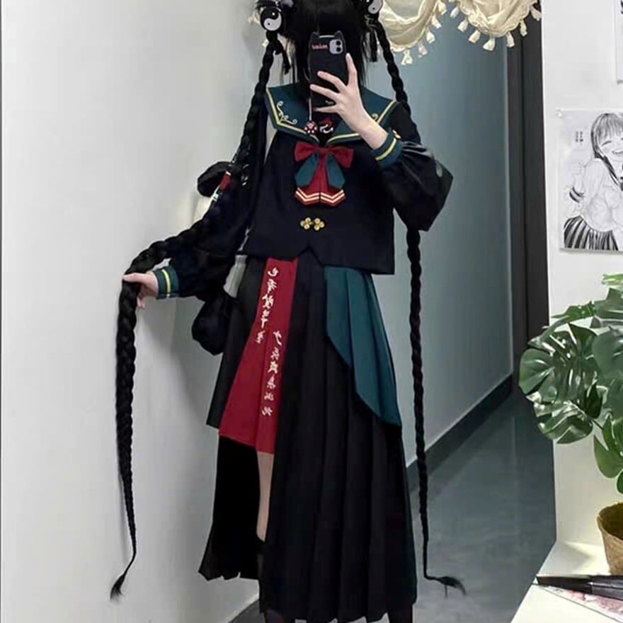 天使と悪魔 地雷系 中華風セーラー服 セットアップ 長袖 刺繍 不良少女 イベント衣装