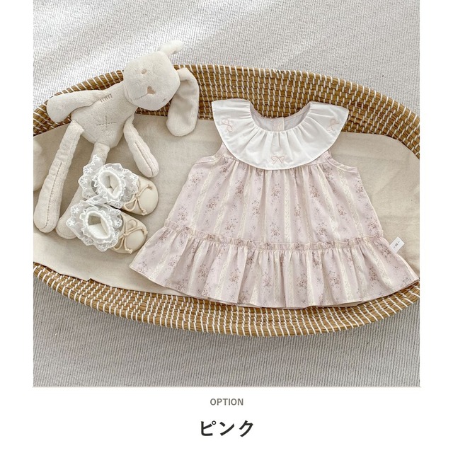【BABY】フラワープリントフリルカラーノースリーブワンピース - 3