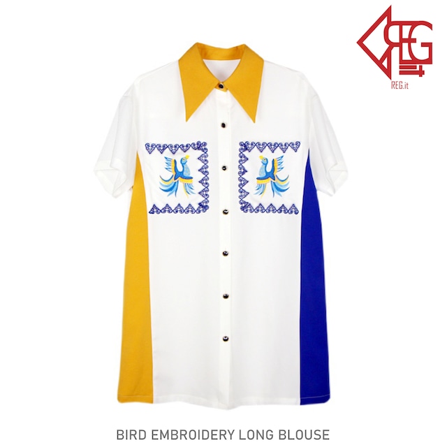 【REGIT】BIRD EMBROIDERY LONG BLOUSE S/S 韓国ファッション トップス シャツ ブラウス ロング丈 個性的 刺繍 シフォン素材 20代 30代 着映え ネット通販 TPB021