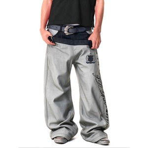 【DRIP6870】YTW Double Waistband Curved Leg 3D Embroidery Rivet Raw Denim Pants