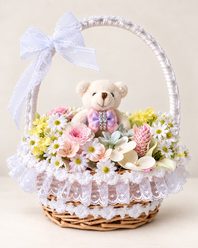 フラワーアレンジ｜うちの子と楽しむ花かご【AR-014】｜パステルフラワー｜ペットのいる暮らし｜ギフト｜ミニベア｜横15㎝ 高さ約18cm
