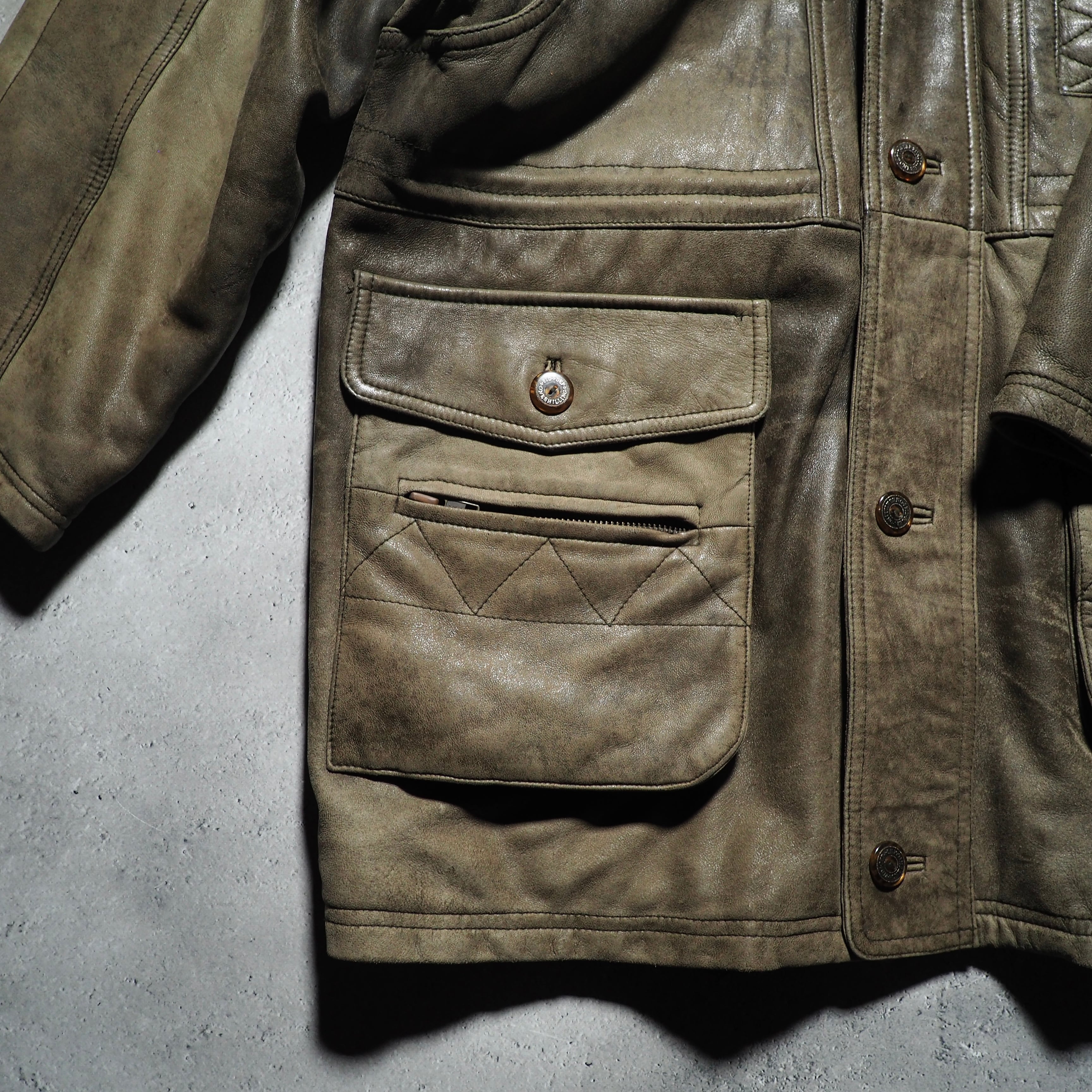 ” Deformation - 変形 ” Beautiful aging Fade color vintage loose sheep leather jacket