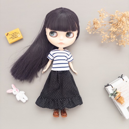 【２点セット】トレーナースカート（ボーダー黒水玉）リカちゃんネオブライス