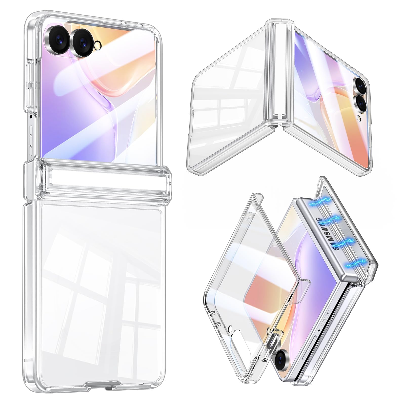 Gunwon Galaxy Z Flip8 用 ケース 一体型サブディスプレイ保護フィルム マグネット式ヒンジ保護 黄ばみ対策 耐衝撃・クリア