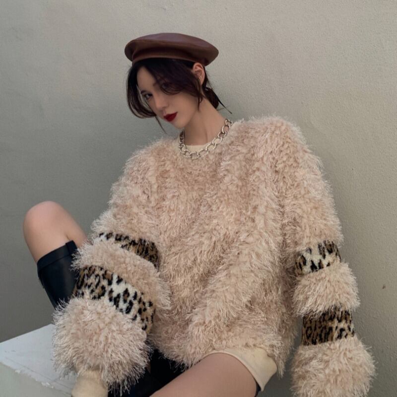 ウールセーター レディースルーズレオパードトップス オータムウィンター 秋物 冬物 ステッチ ブラックストロベリース60299761788