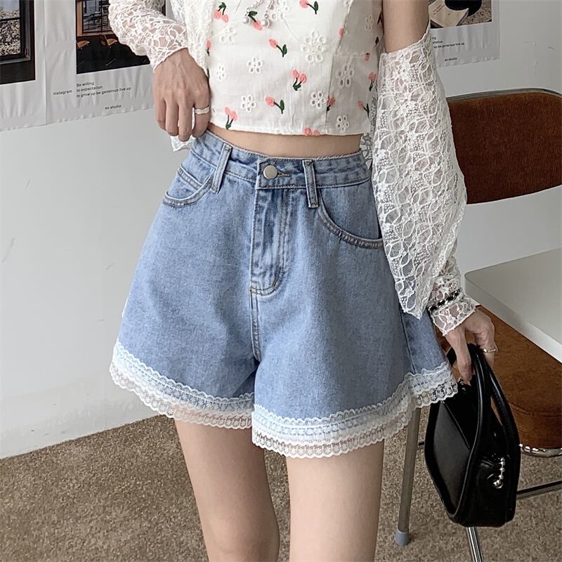 レースジーンズ サマー薄手パンツ Aラインショーツ ハイウェストウェストワイドレッグ 夏物 ブルマー ワイドパンツ ブラックストロベリース34722368000