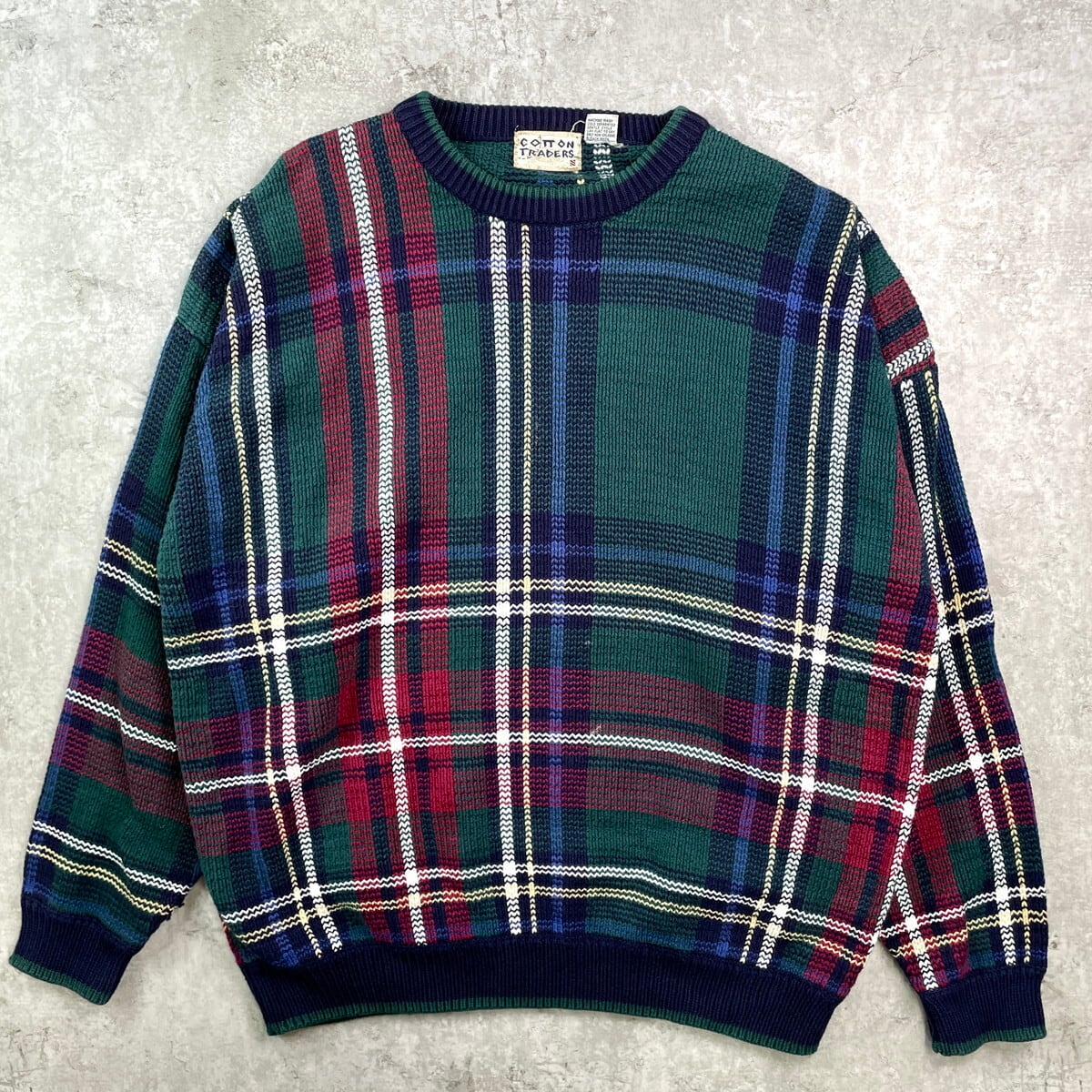 メンズ 90年代 COTTON TRADERS 3Dニット チェック柄 コットンニット