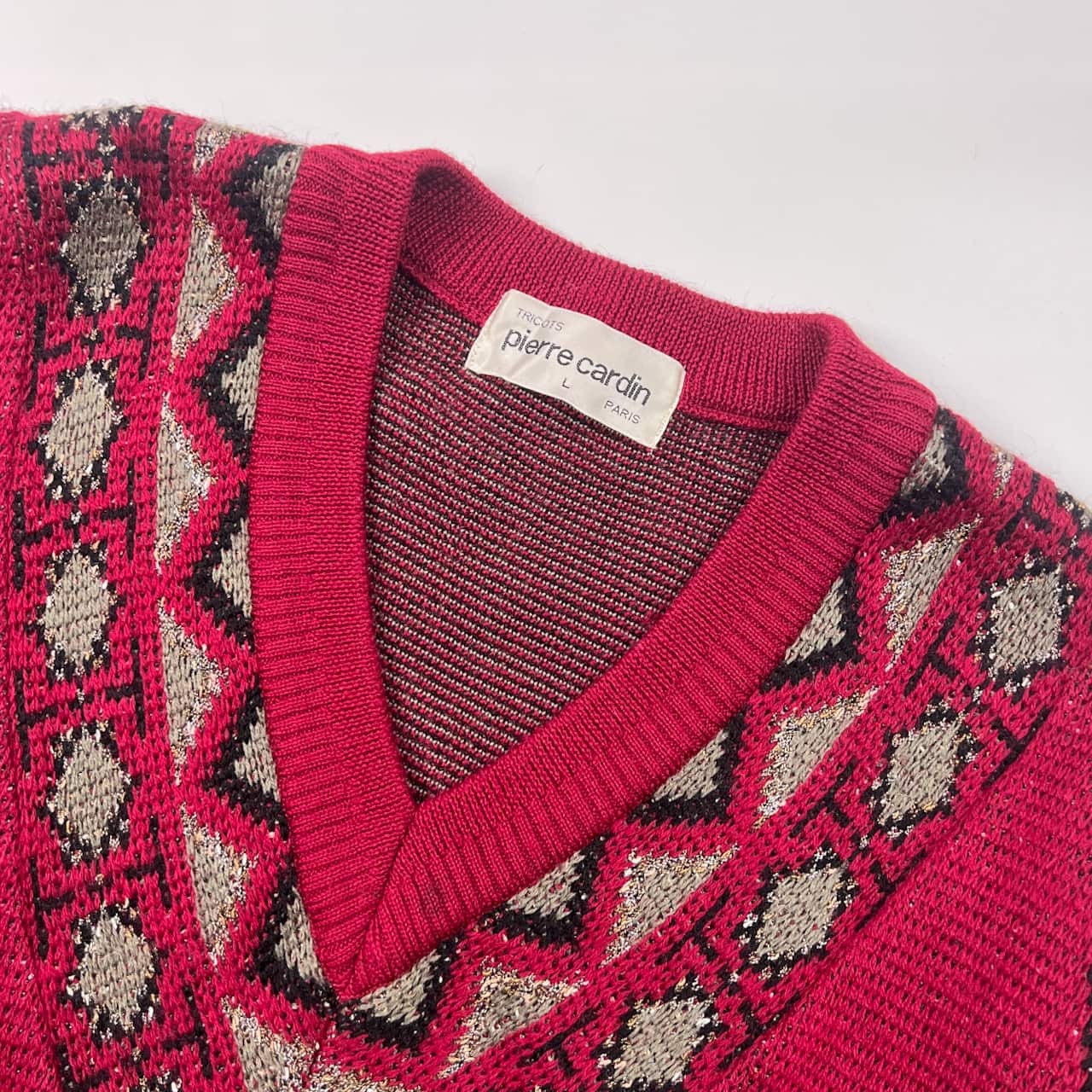 pierre cardin ピエール・カルダン Vネック 長袖 ウール ニット セーター L/レッド メンズ ビンテージ