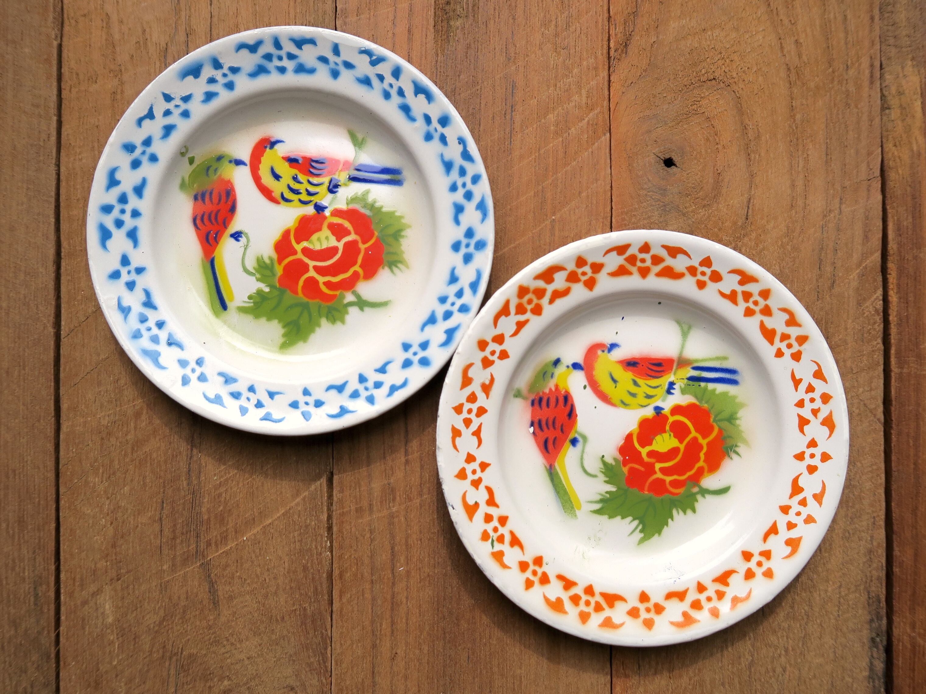 牡丹×小鳥柄 ホーローミニ皿2枚Set