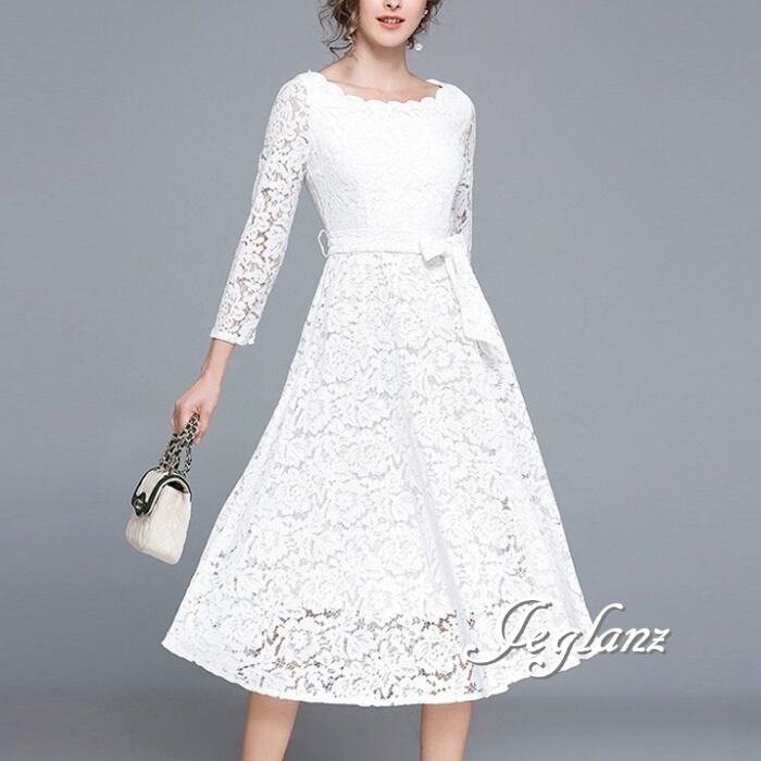 総レース ワンピース ドレス 共ベルト エターナル 7分袖 2色 ♪ (M7562)ζ