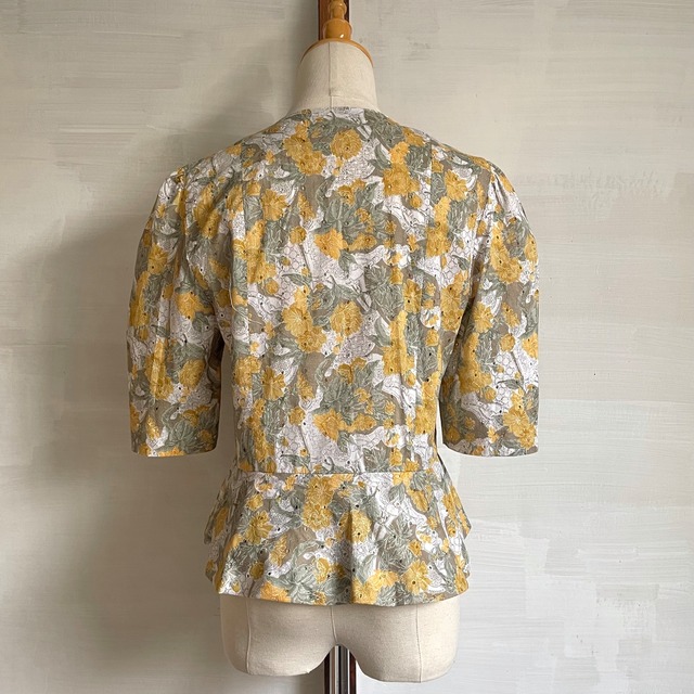 mustard yellow floral peplum blouse 〈レトロ古着 マスタードイエロー 花柄 ペプラムブラウス 日本製
