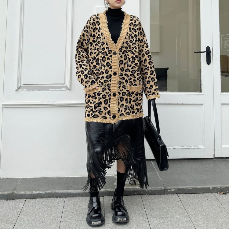 レオパードフリンジライン ニットカーディガン R30301
