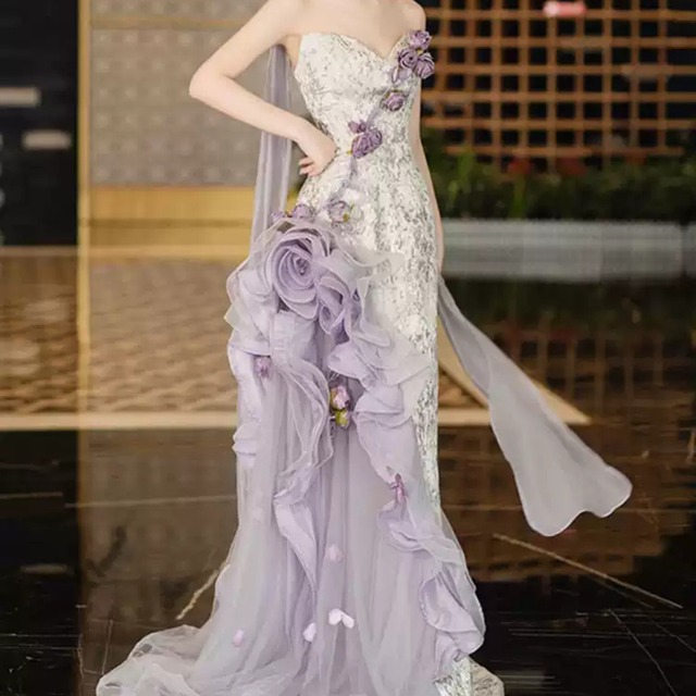 フラワーモチーフストレートラインドレス CL0198