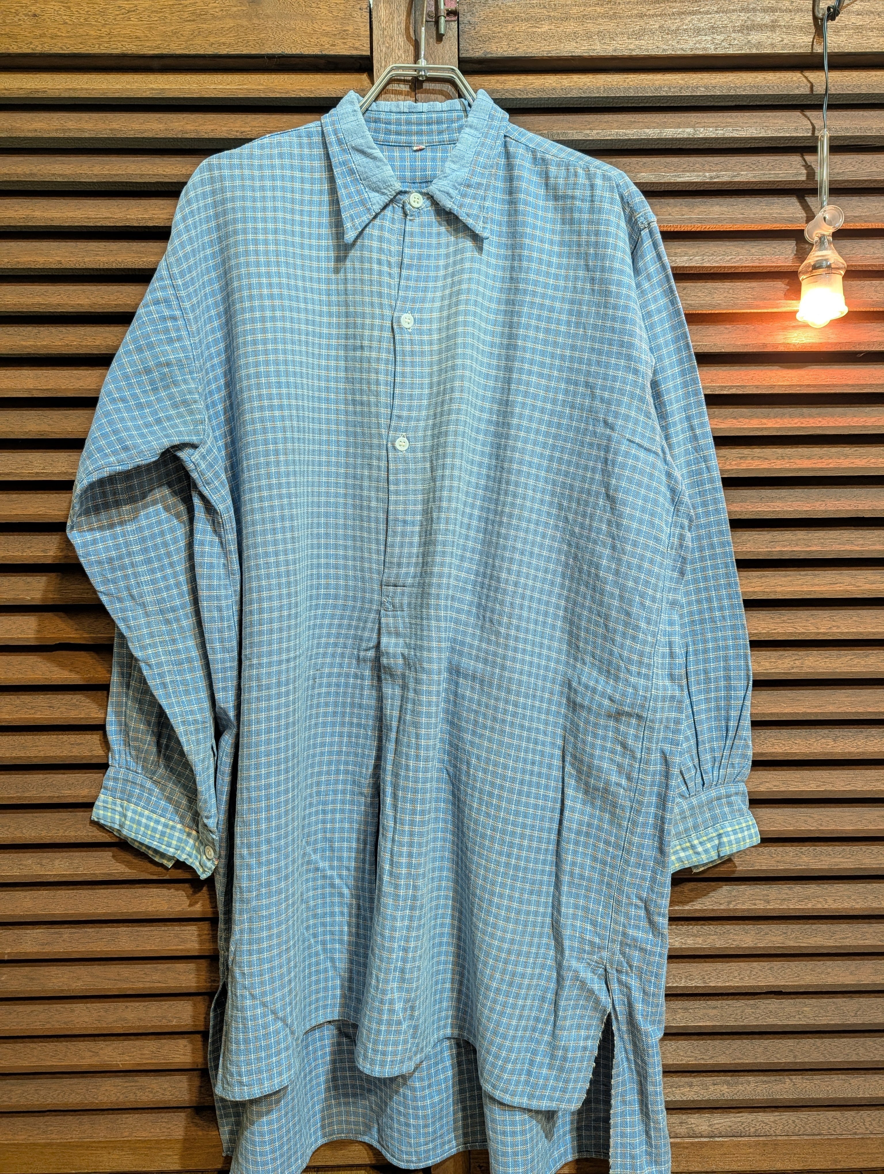 30-40s France Grandpa Shirt Blue Brown Check MilkGlassButton Repaired