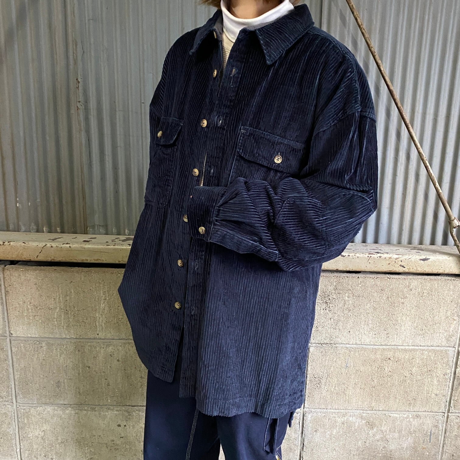 【vintage】肉厚 太畝コーデュロイ 長袖シャツ ボックスカット 黒 レトロ