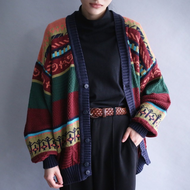 vitamin good color geometry full pattern loose silhouette 5b cardigan（made in italy）