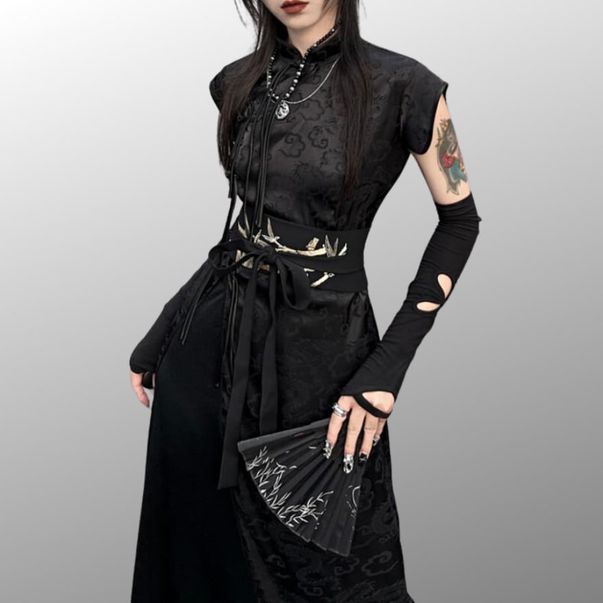 サブカル 服 地雷系 通販 ブランド 云?斜簪シリーズ チャイナドレス ノースリーブ ロング 深スリット マット ドラゴン柄 闇かわいい 大人ゴシックチャイナ服 ストリート系