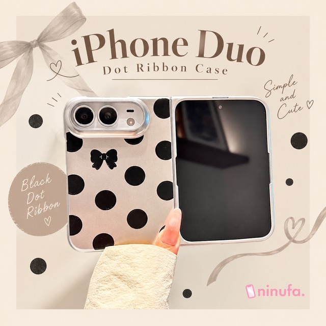 送料無料【iPhone Duo】ブラックドット×リボン メタリックケース 韓国風 大人可愛い 水玉 折りたたみスマホケース ND-16790