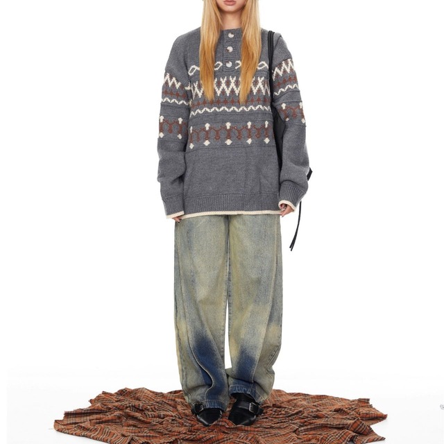 ネイティブパターンヘンリーネックニット R01235