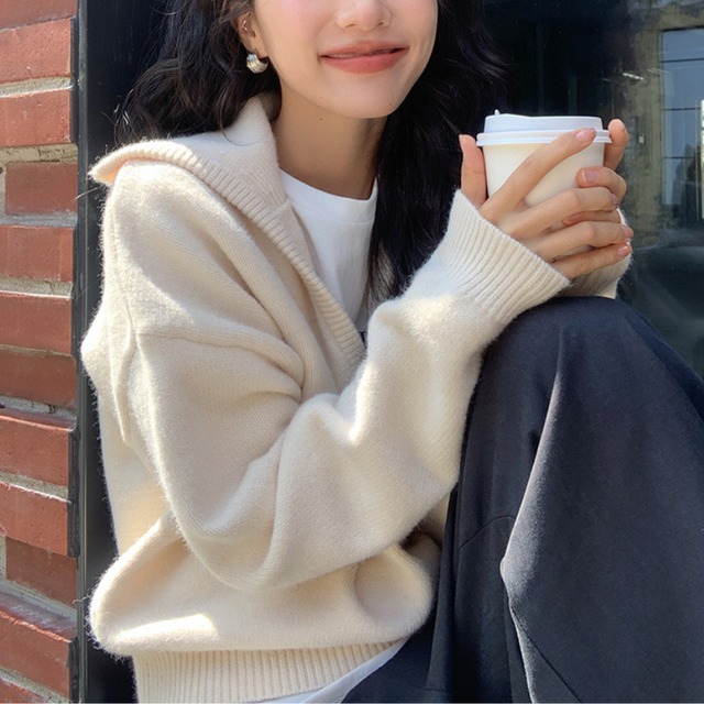 open-collar drop shoulder knit top J00003