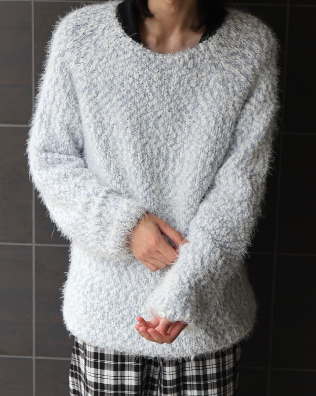 round neck waffle shaggy knit