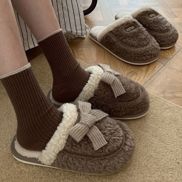 【ladies】【 23-27cm】Boa warm ribbon room slippers p727
