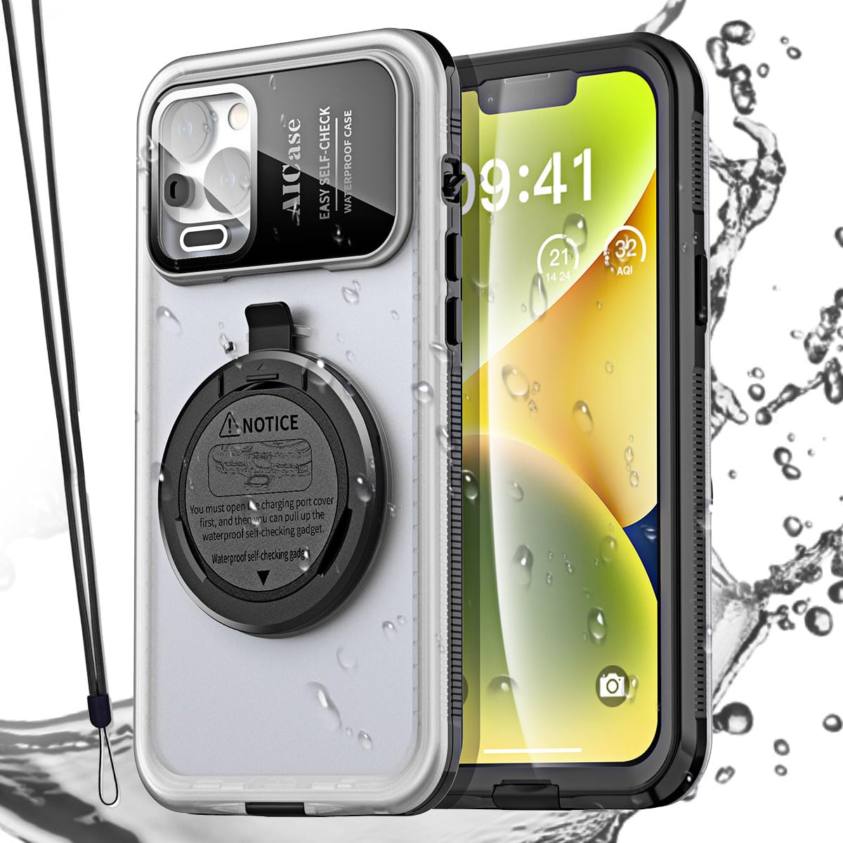 【特価処分】AICase セルフチェック防水電話ケース iPhone 14 用 水中タッチスクリーン 防水 防塵 防雪 ダイビング電話ケース 内蔵スクリーンプロテクター シャワー、バイク、ビーチ、シュノーケリン用
