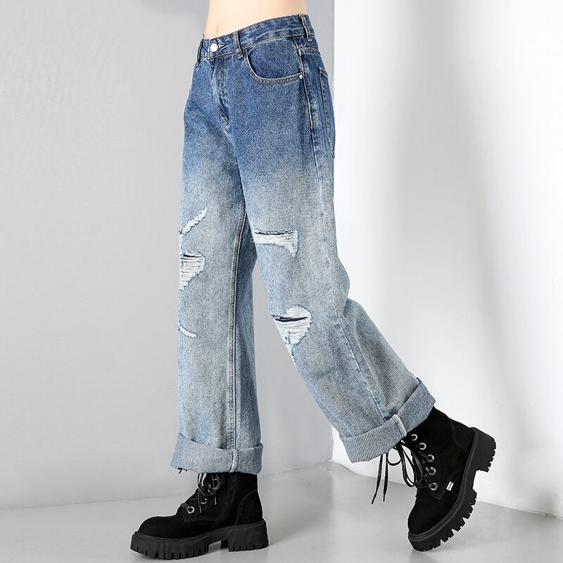 【新作】【送料無料】 クロスボーダー2020冬服新しいウォッシュウォーター破れたジーンズ一世代のファッションブランド大型ワイドレッグパンツズボン2576-アリババ 大きめサイズ ウィンター 冬物 ワイドパンツ 162rolker81275449812