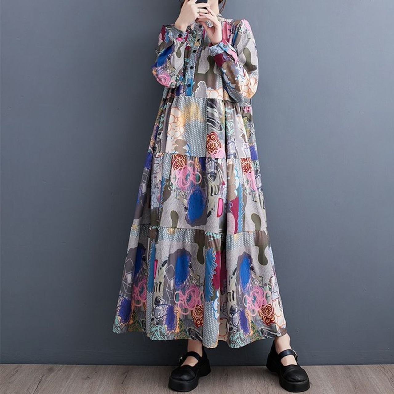マキシ丈 パッチワークプリント ワンピース 00087