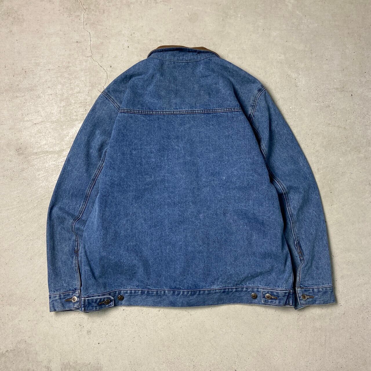 90s Dunbrooke レザー襟 ダックジャケット 企業ロゴ刺繍古着 XL Dunbrooke デニムジャケット レザー襟 企業ロゴ刺繍 メンズXL 古着
