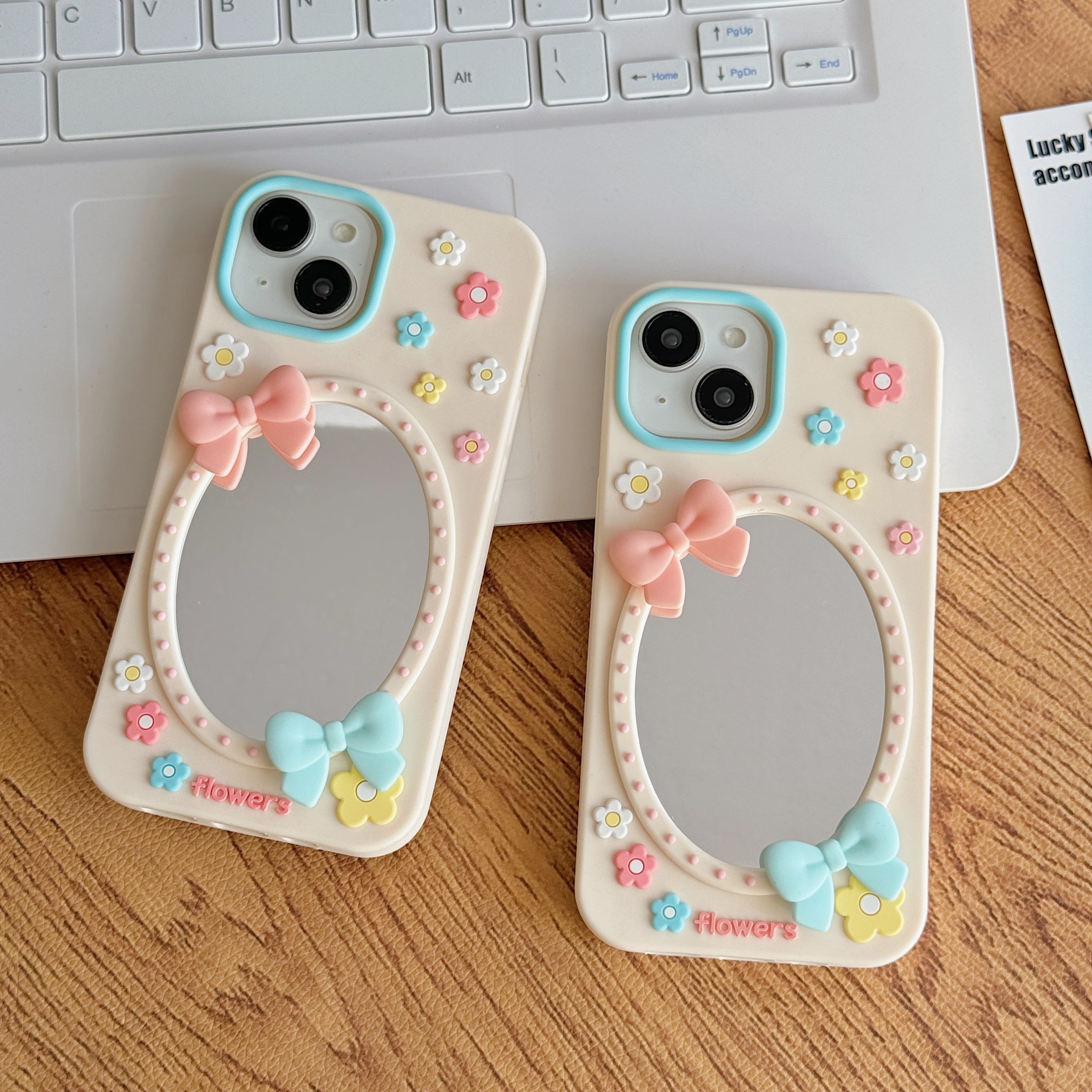 ミラー付き iPhone 17 16 15 14 13 12 11 ケース かわいい リボン