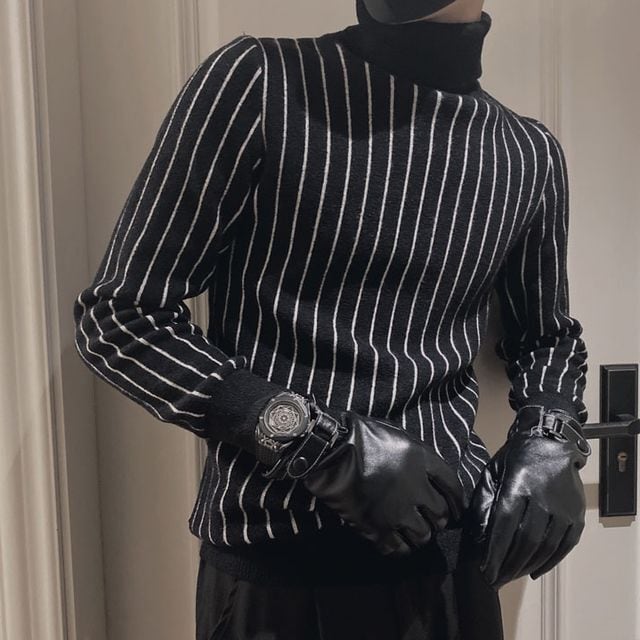 【予約販売】タートルネック ニット セーター メンズ ストライプ柄 ハイネック 黒 ブラック きれいめ シック 男前 こなれ感 お洒落 韓国 トレンド 秋 冬 M/L/XL/2XL/3XL