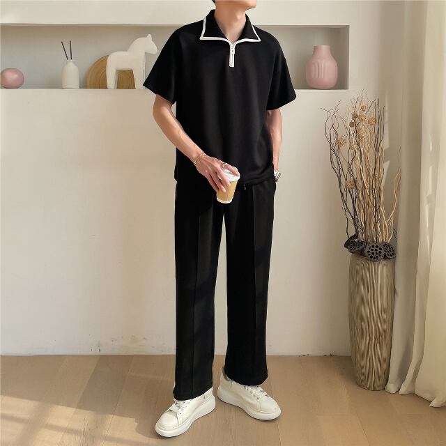 【予約販売】メンズ セットアップ 無地 ライン 半袖 ブラック ホワイト スエット スリム カジュアル モード きれいめ 男前 パンツ セット ジャージ ジム スポーティー ダンス ジム 韓国 トレンド 大きいサイズ M/L/XL