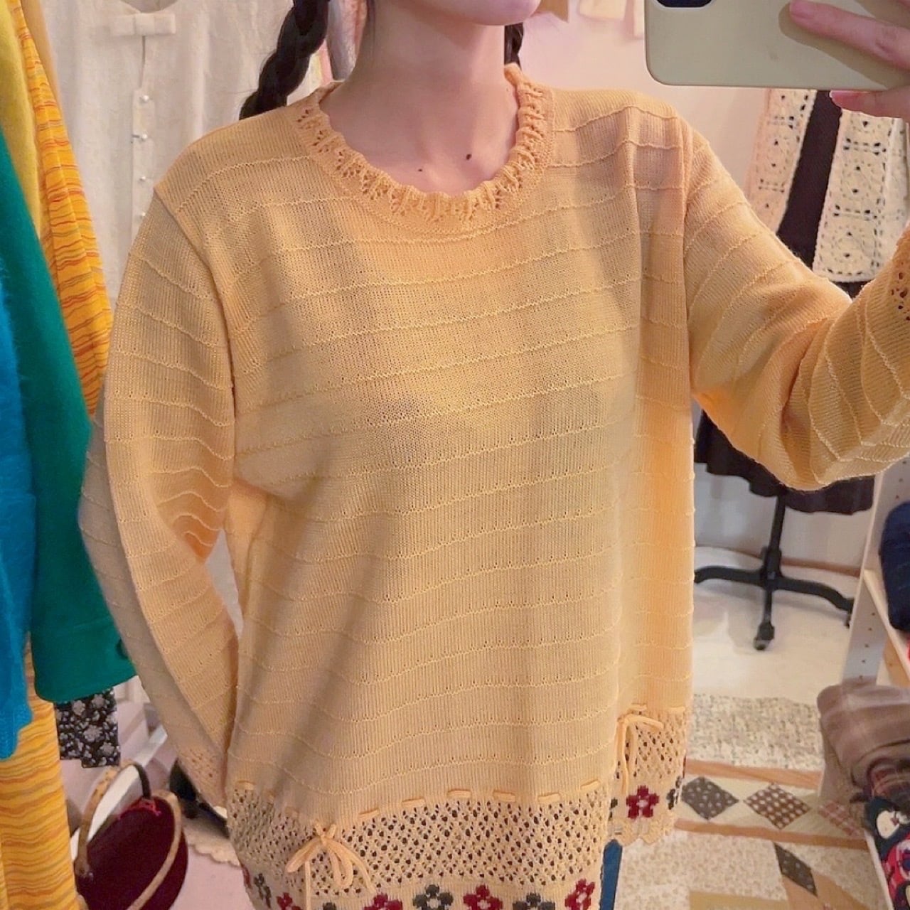 orange flower ribbon openwork knit sweater