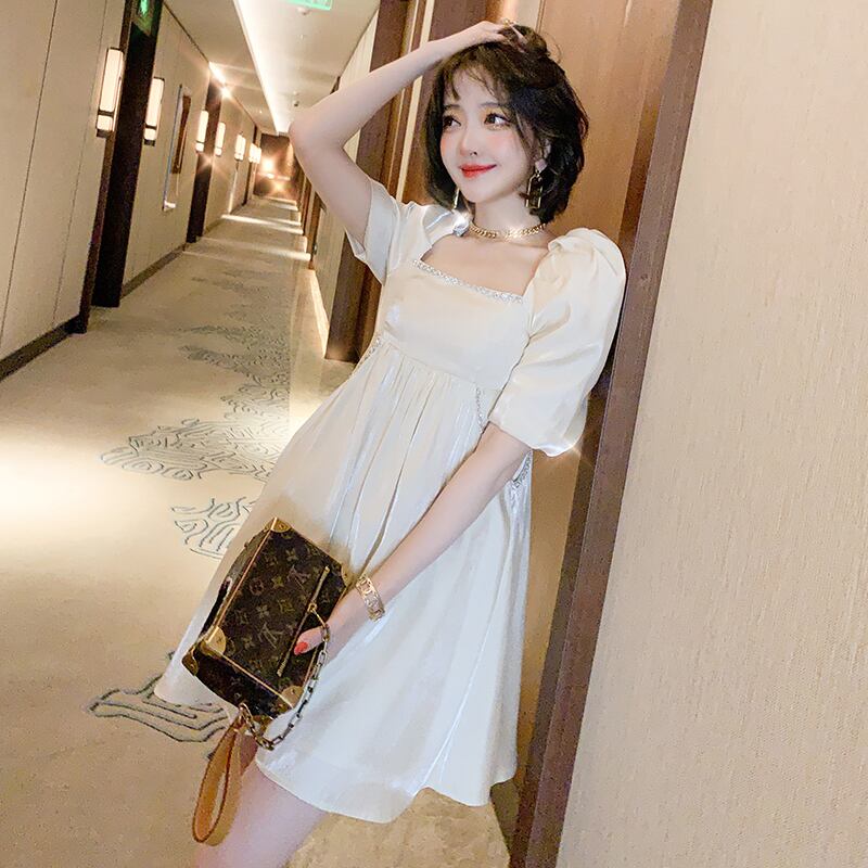 カラーハイウェストウェストAラインドレス スプリングサマー レース 春物 夏物 スクウェア ステッチ MIUCO58426924311