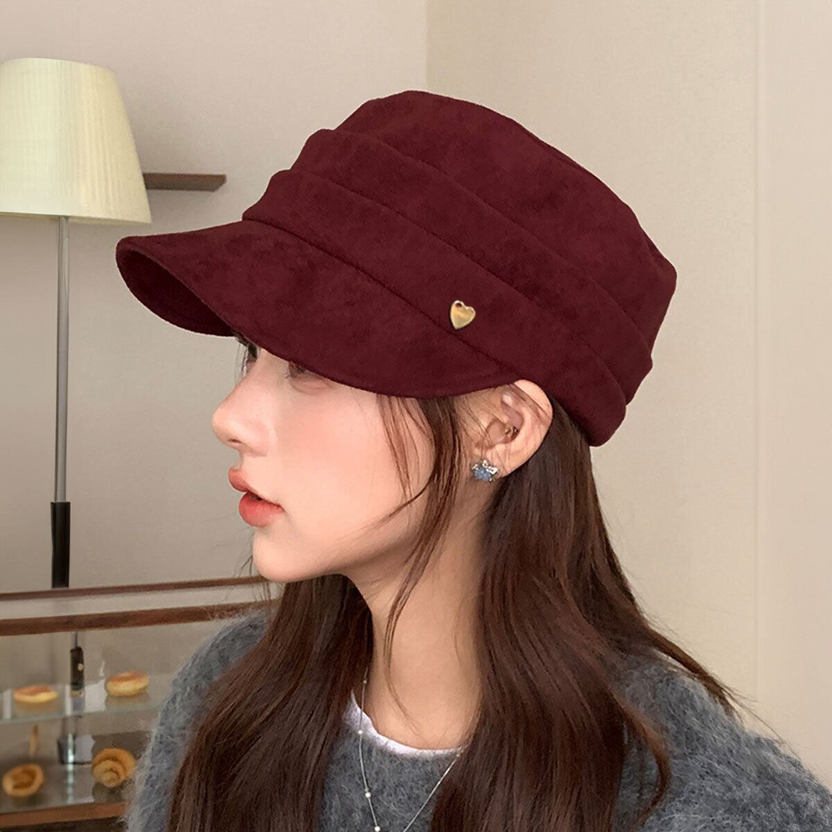 帽子 キャスケット スエード調 ハット レディース 秋冬 ハート飾り おしゃれ 大人 かわいい クラシック 小顔見え ヴィンテージ レトロ マリンハット 大人可愛い 大人女子