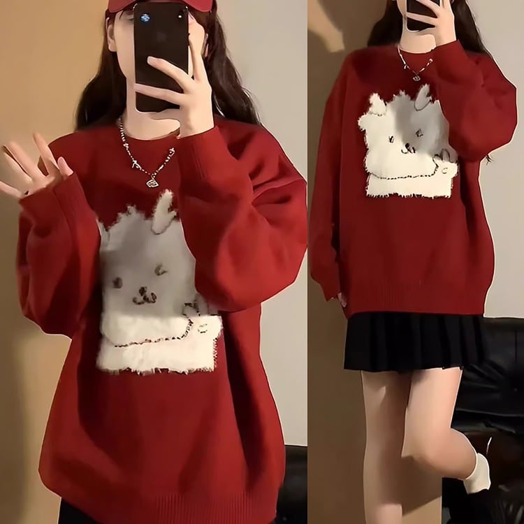 【新作】【送料無料】 辰年干支年服赤レディースファッション 2024 新しい秋と冬の特別なカップル着用新年セーター 0379659058679