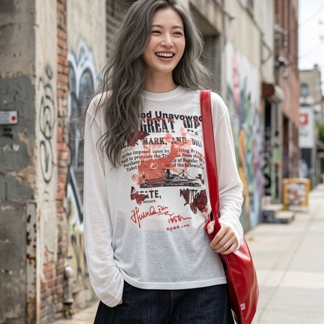 レオパードスリーブグラフィックロングスリーブTシャツ 1col   R02557