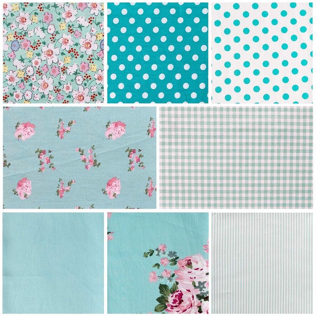 8枚 北欧風 棉生地 可愛い カットクロス ポーチ ぬいぐるみ 手芸用 パッチワーク用 布 セット 46x56cm ライトブルー （花柄、水玉）