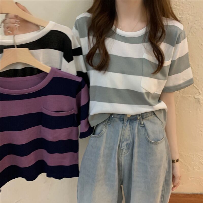 スタイルシャツ トップス スプリングサマールーズ薄手ストライプニットTシャツ 春物 夏物 YY-ファッション6241787906