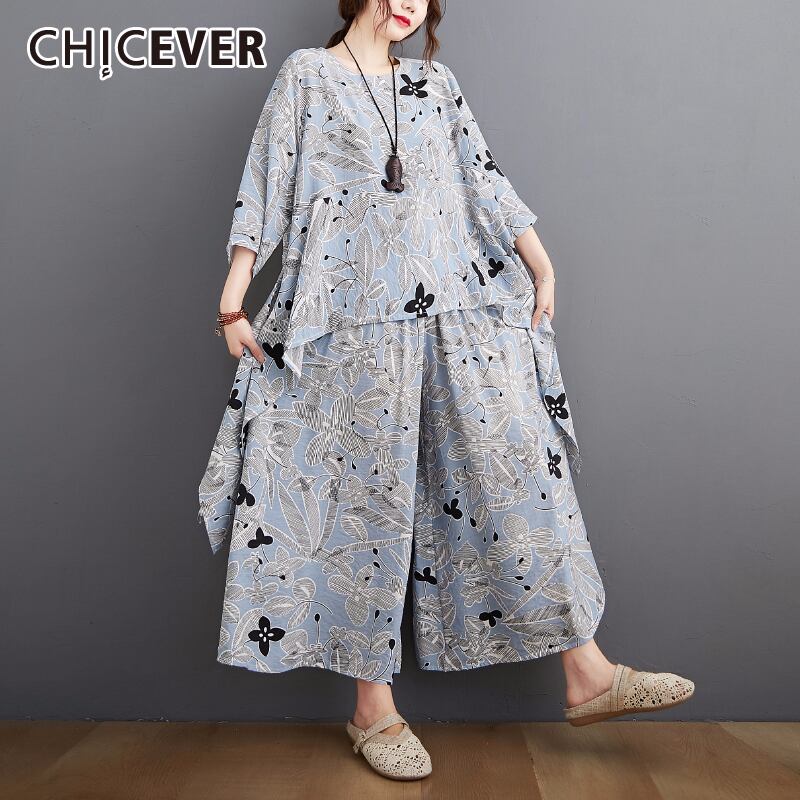 CHICEVERプリントヒットカラーツーピースセットレディースOネックイレギュラーTシャツウエストワイドレッグパンツサマースーツ2020服 夏物 ワイドパンツ 6base539623728545