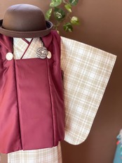 【受注製作】葡萄ワイン被布とチェック柄着物セット 七五三の被布着物セット SIZE90 男の子の祝い着 七五三の被布着物セット