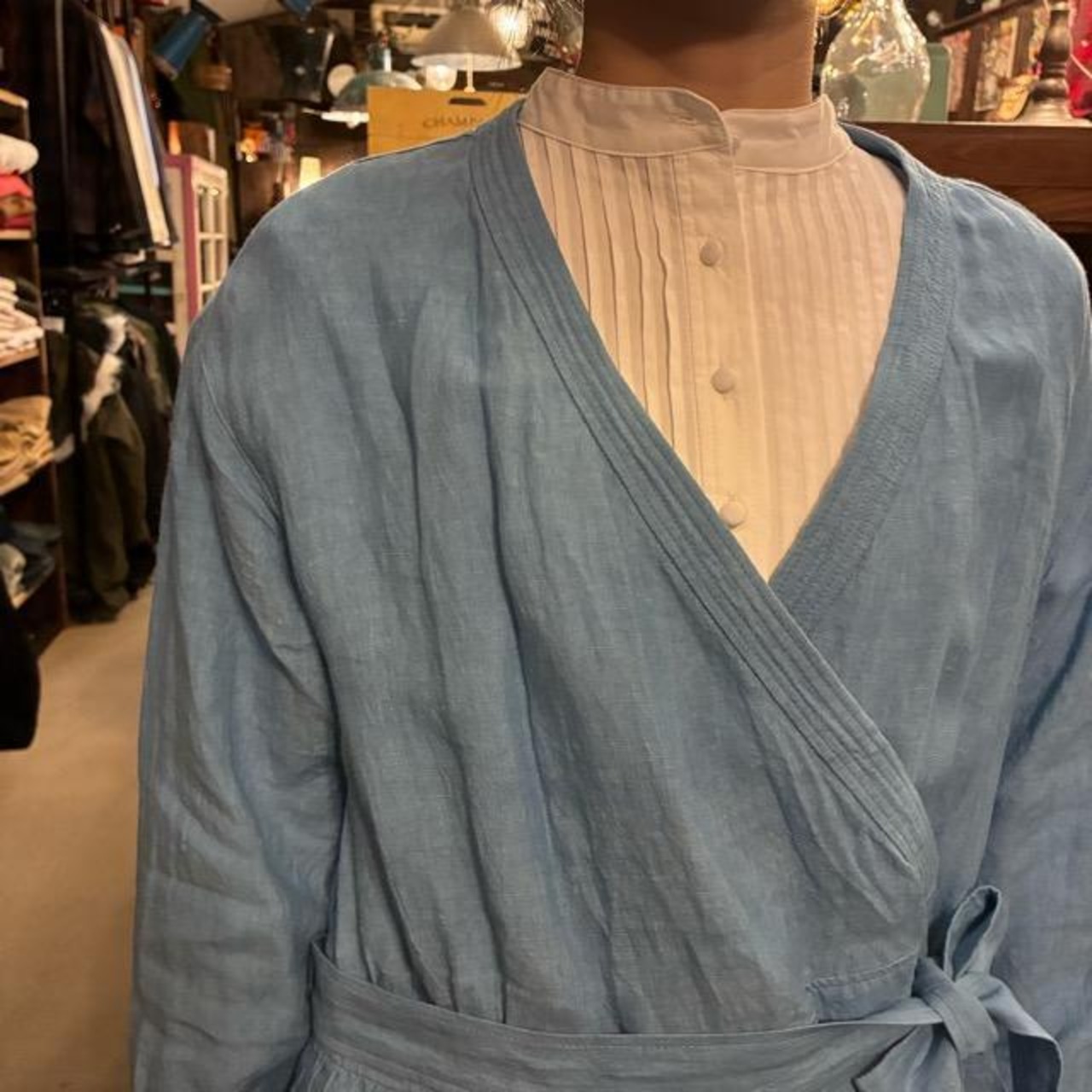 ICHI Antiquites Indigo Linen Cache-Coeur Dress, Blue, Women's, Fashion, Linen　