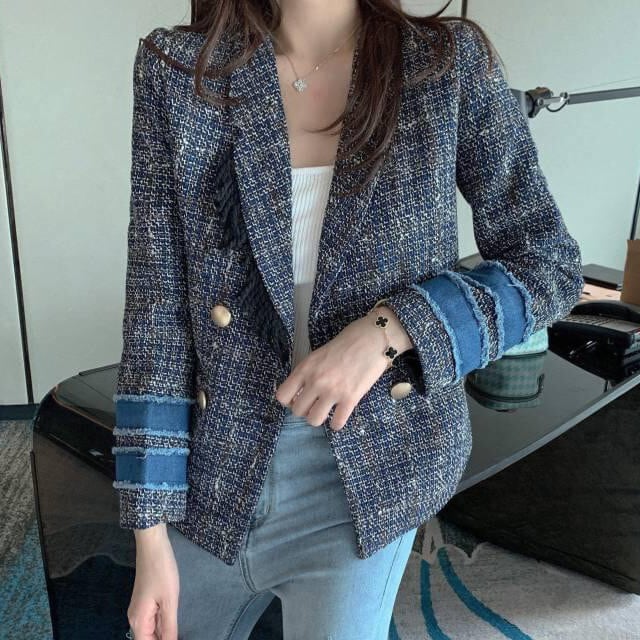 レディース テーラードジャケット ツイードデニムデザイン アシンメトリー フリンジ おしゃれ S/M/L/XL