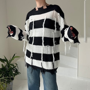 【lanan only】border damage sheer knit tops